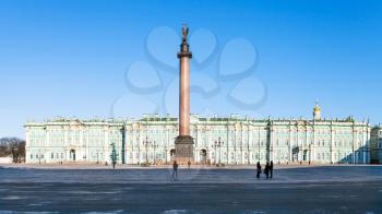 front view of Palace Square with Alexander Column and Winter Palace in Saint Petersburg city in March morning