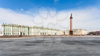 panoramic view of Palace Square and Winter Palace in Saint Petersburg city in spring