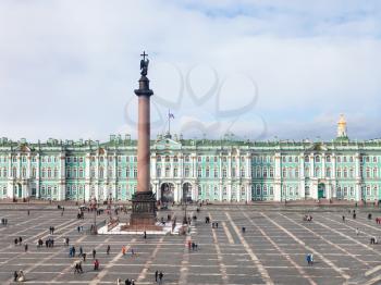 above view of Palace Square with Alexander Column and facade of Winter Palace in Saint Petersburg city in march evening