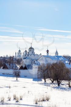 view of Pokrovsky Monastery (Convent of the Intercession) in Suzdal town in winter in Vladimir oblast of Russia