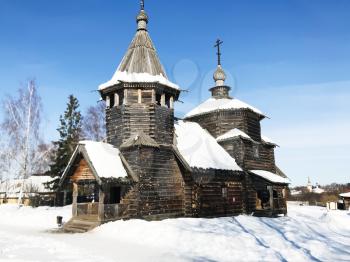 old wooden Church of the Resurrection of Christ from Patakino village in Suzdal town in winter in Vladimir oblast of Russia