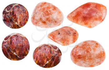 set of various natural mineral polished Andesine (sunstone, heliolite) gemstones isolated on white background
