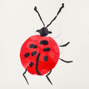 hand painting in sumi-e style on cream paper - ladybug drawn by red and black watercolors