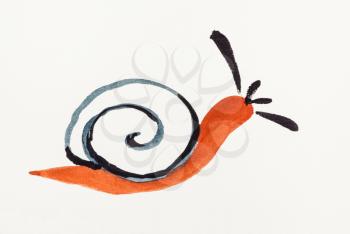 hand painting in sumi-e style on cream paper - snail drawn by red and black watercolors