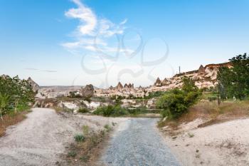 Travel to Turkey - way to Goreme town from mountain valley in Cappadocia in spring
