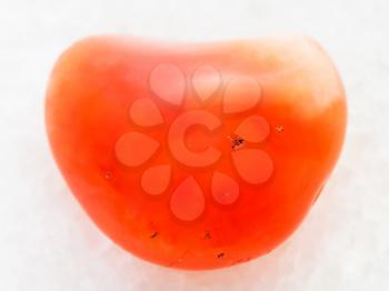 macro shooting of natural mineral rock specimen - tumbled carnelian gem on white marble background from Madagascar