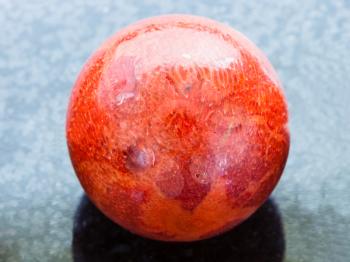 macro shooting of natural mineral rock specimen - ball from red Coral gemstone on dark granite background