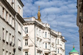 old typical urban houses of the late 19th century in Arkhangelskiy Lane in center of Moscow city