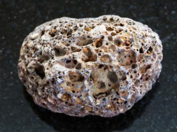macro shooting of natural mineral rock specimen - tumbled brown pumice stone on dark granite background from Sicily