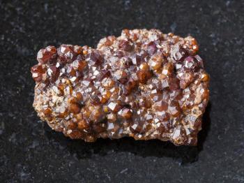 macro shooting of natural mineral rock specimen - raw Andradite garnet crystals on stone on dark granite background from Primorsky Krai, Russia