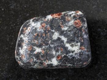 macro shooting of natural mineral rock specimen - red Garnet crystals in tumbled Hornblende stone on dark granite background from Nigrozero region of Karelia, Russia