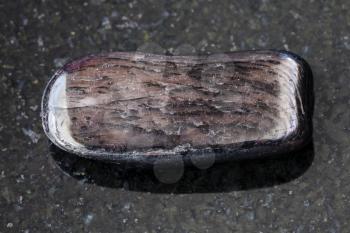 macro shooting of natural mineral rock specimen - polished Hypersthene gemstone on dark granite background from Canada