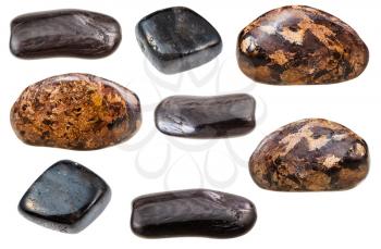 collection of natural mineral specimens - various forms of Enstatite rock (bronzite, hypersthene, anthophyllite) isolated on white background