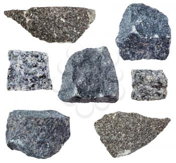 collection of natural mineral specimens - various forms of Gabbro rock (gabbro, dolerite, diabase, microgabbro) isolated on white background