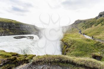 travel to Iceland - water flow of Gullfoss waterfall in canyon of Olfusa river in september