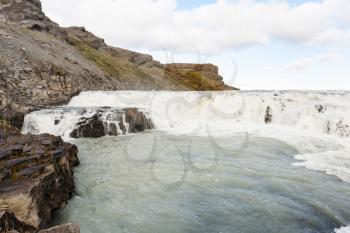 travel to Iceland - view of rapids of Gullfoss waterfall in canyon of Olfusa river in september
