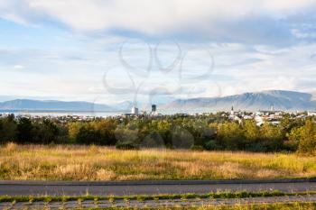 travel to Iceland - view of Reykjavik city from Oskjuhlid Hill at september sunset