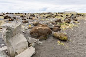 travel to Iceland - rocks and stones on Reynisfjara Beach near Vik I Myrdal village on Atlantic South Coast in Katla Geopark in autumn
