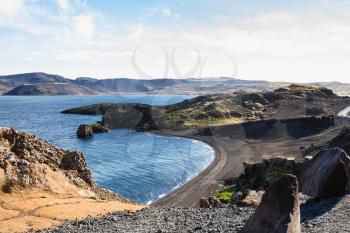 travel to Iceland - black volcanic coast of Kleifarvatn lake at Southern Peninsula (Reykjanesskagi, Reykjanes Peninsula) in september