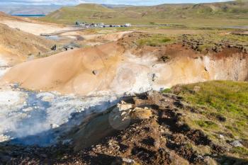 travel to Iceland - above view of hot springs in geothermal Krysuvik area on Southern Peninsula (Reykjanesskagi, Reykjanes Peninsula) in september