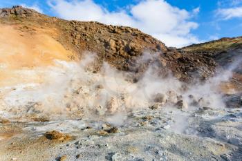 travel to Iceland - solfatara in geothermal Krysuvik area on Southern Peninsula (Reykjanesskagi, Reykjanes Peninsula) in september
