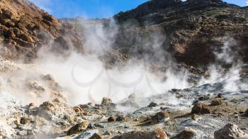 travel to Iceland - acidic solfatara in geothermal Krysuvik area on Southern Peninsula (Reykjanesskagi, Reykjanes Peninsula) in september