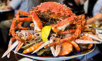 travel to France - atlantic crab on seafood plate in local fish restaurant in Treguier town in the Cotes-d'Armor department of Brittany