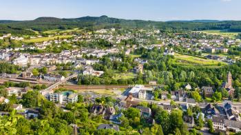 travel to Germany - above view of Gerolstein town from Gerolsteiner Dolomiten mountains in summer day