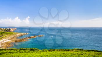 travel to France - view of coastline of English Channel from Saint-Guirec area of Perros-Guirec commune on Pink Granite Coast of Cotes-d'Armor department in the north of Brittany in summer morning