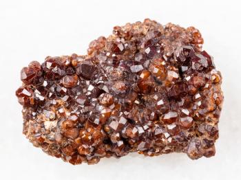 macro shooting of natural mineral rock specimen - raw Andradite garnet crystals on stone on white marble background from Primorsky Krai, Russia