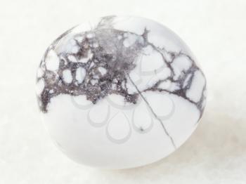 macro shooting of natural mineral rock specimen - polished howlite gemstone on white marble background