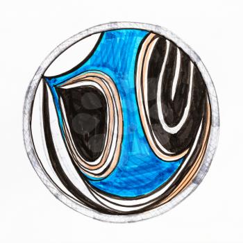 hand drawn abstract stylized reflection in the round mirror by felt-tip pen on white paper