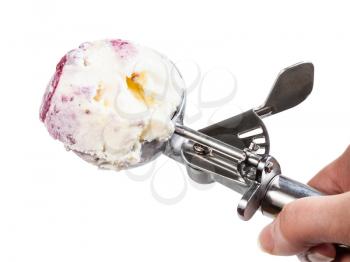 top view of disher scoop with ice cream with blueberries isolated on white backgrouns