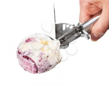 top view of disher scoop with blueberry ice cream isolated on white backgrouns