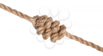 another side of multiple figure-eight knot tied on thick jute rope isolated on white background