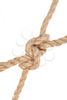 hunter's bend knot joining two ropes close up isolated on white background
