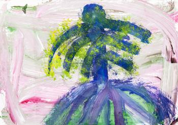abstract pink landscape with blue palm tree on hill handpainted by watercolors on white paper