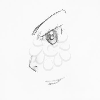 detail of female anime face with eye and nose hand-drawn by black pencil on white paper