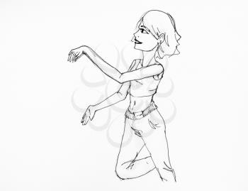 portrait of a dancing girl in jeans and top hand-drawn by black ink on white paper