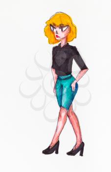 Portrait of business woman with yellow hair in black skirt and blue shorts hand-drawn by felt pens on white paper