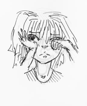 sketch of little girl who rubs an eye with her hand hand-drawn by black pencil and ink on white paper