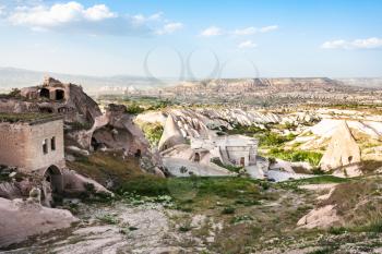 Travel to Turkey - rock carved houses in Uchisar village in Cappadocia in spring