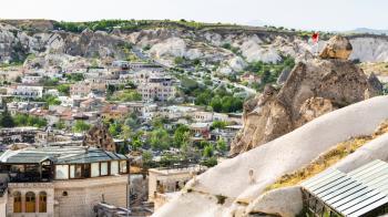 Travel to Turkey - urban buildings in Goreme town in Cappadocia in spring