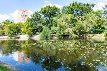 Zhabenka river near Large Garden (Big Academicheskiy) Pond in Timiryazevskiy park of Moscow city in summer