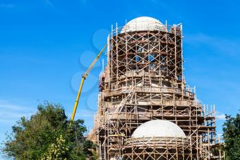 building of new orthodox temple of Saint Spyridon (St Spiridon) Bishop of Trimythous in Koptevo district of Moscow on sunny summer day