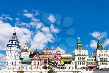 white stone Kremlin in Izmailovo in Moscow city under blue sky in sunny summer day