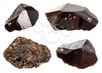 set of various Cassiterite (Tin ore) minerals isolated on white background