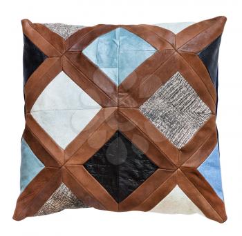 top view of handmade patchwork leather throw pillow isolated on white background