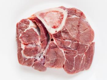 top view of slice of raw veal meat with marrowbone for italian dish Ossobuco on white plate