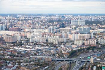 above view of north of Moscow city from observation deck at the top of OKO tower in autumn dusk